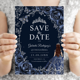 Quinceanera Navy Blauwe Zilver Save The Date