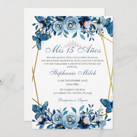 Quinceanera Navy Bloemen Uitnodiging Vlinders (Voorkant / Achterkant)