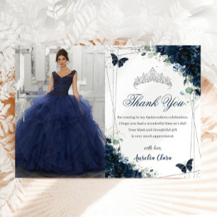 Quinceañera Navy Blue Bloemenvlinders Afbeelding Bedankkaart