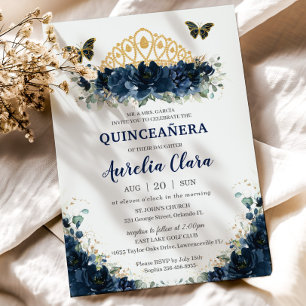 Quinceañera Navy Blue Floral Butterflies Crown Kaart