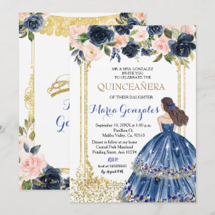 Quinceanera Navy Blue Flowers Gold Invitation Kaart