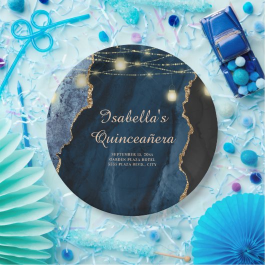 Quinceañera Navy Blue Glitter String Lights Papieren Bordje (Feest)
