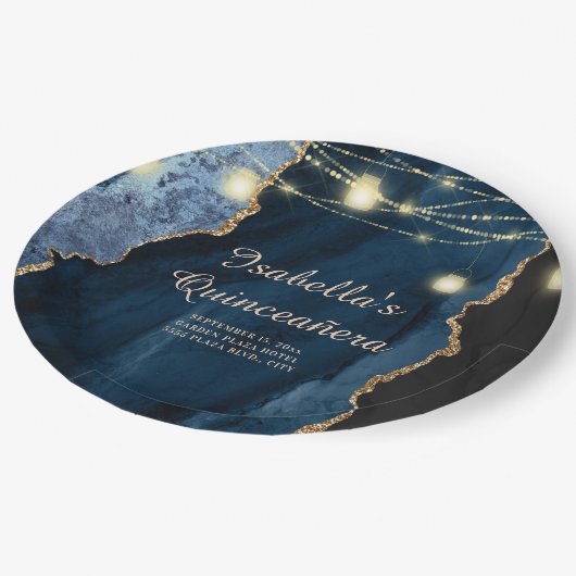 Quinceañera Navy Blue Glitter String Lights Papieren Bordje (Gekanteld)