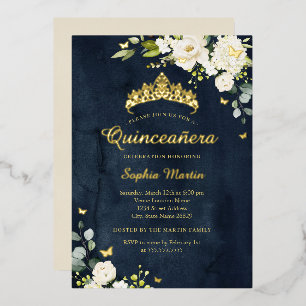Quinceanera Navy Champagne Bloemen Goud Folie Uitnodiging