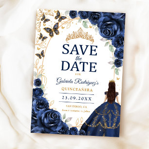 Quinceanera Navy Goud Bloem Save The Date