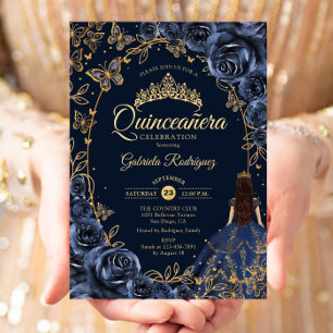 Quinceanera Navy Goud Vlinders Rozen Kaart