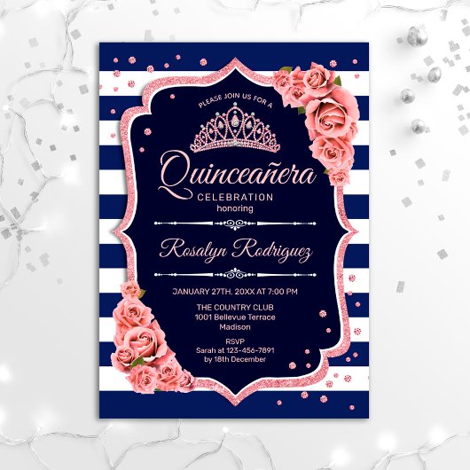 Quinceanera - Navy Roos Gold Kaart