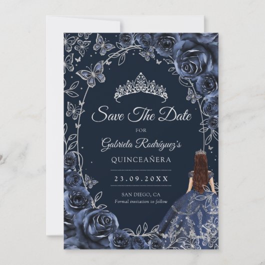 Quinceanera Navy Silver Butterflies Roses Save The Date (Voorkant)