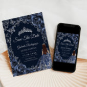 Quinceanera Navy Silver Butterflies Roses Save The Date