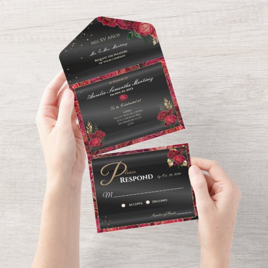 Quinceañera noire et rouge Invitations abordables (Déchirure)
