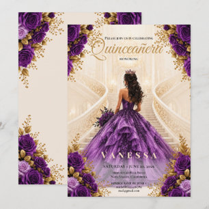 Quinceanera paars en gouden uitnodiging