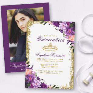 Quinceanera Paars Floral Gold Crown Glitter Foto Kaart