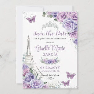 Quinceañera Paars Floral Paris Eiffel Butterflies Save The Date