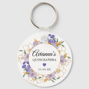 Quinceanera Paars Gold Floral Party Favor Sleutelhanger