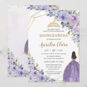 Quinceañera Paars Lavender Floral Gold Princess I Kaart