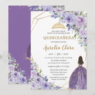Quinceañera Paars Lavender Floral Gold Princess Kaart