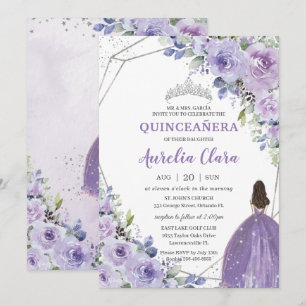 Quinceañera Paars Lavender Floral Silver Princess Kaart