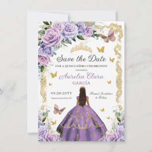 Quinceañera Paars Lila Roos Floral Gold Princess Save The Date