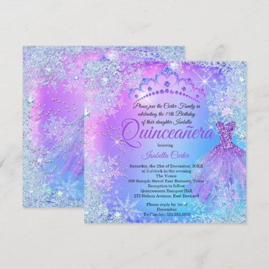 Quinceanera Paars Pink Blue Winter WonderLand Kaart (Voorkant / Achterkant)