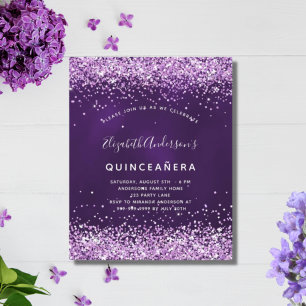 Quinceanera paars roze glitter budget uitnodiging flyer