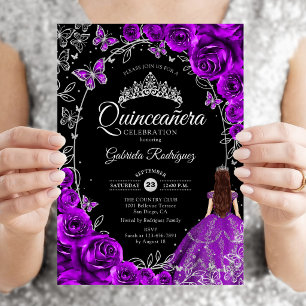 Quinceanera Paars Zilver Bloem Kaart