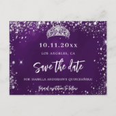 Quinceanera paars zilveren tiara save the date aankondigingskaart (Voorkant)