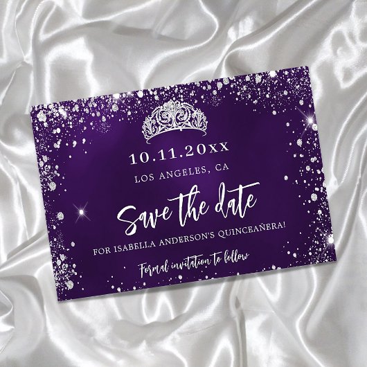 Quinceanera paars zilveren tiara save the date aankondigingskaart