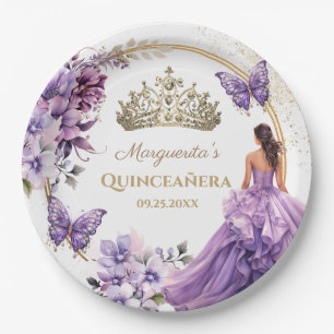 Quinceañera Paarse Bloemen Gouden Tiara Vlinder Papieren Bordje