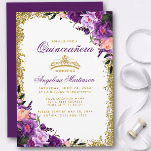 Quinceanera Paarse Floral Gold Crown Glitter Kaart