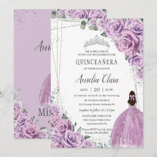 Quinceañera Paarse Floral Princess Silver Birthday Kaart