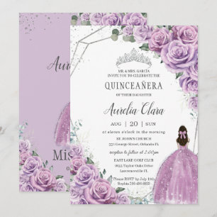 Quinceañera Paarse Floral Princess Silver Birthday Kaart