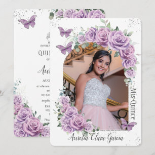 Quinceañera Paarse Floral Rozen Butterflies Foto Kaart