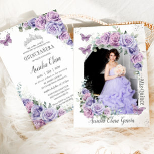 Quinceañera Paarse Floral Rozen Butterflies Foto Kaart