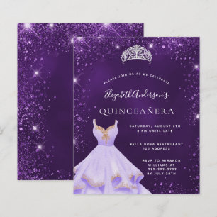 Quinceanera paarse glitter jurk tiara uitnodiging