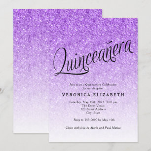 Quinceanera Paarse Glitter Verjaardagsuitnodiging Kaart