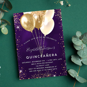 Quinceanera paarse goudballonnen luxe kaart