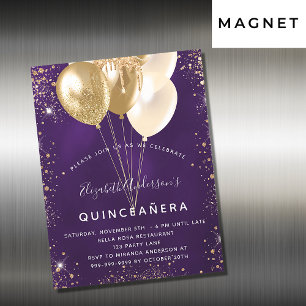 Quinceanera paarse goudballonnen luxe magnetische uitnodiging