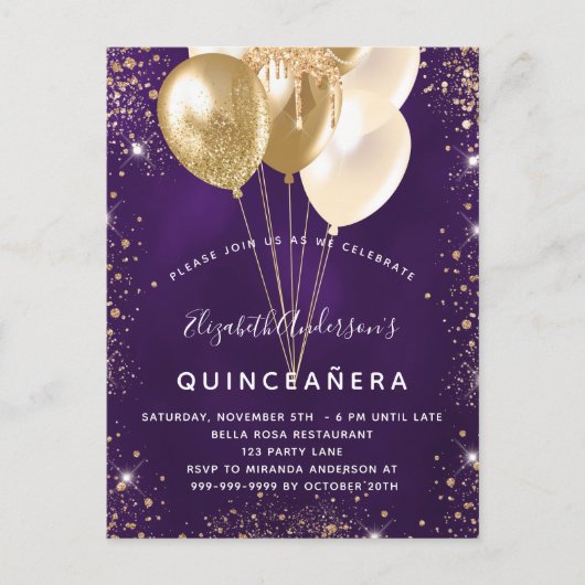 Quinceanera paarse gouden glitterballonnen uitnodiging briefkaart (Voorkant)