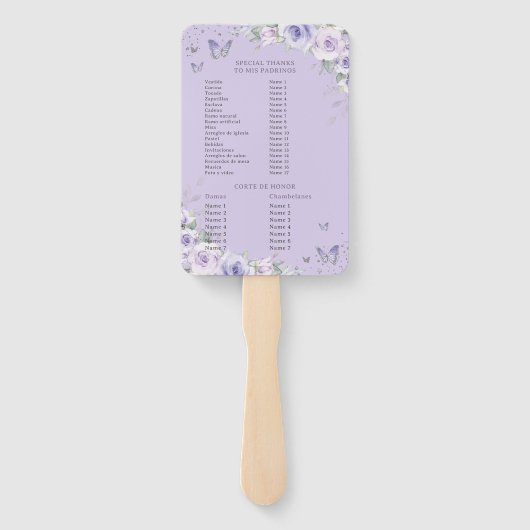 Quinceañera Paarse Lavendel Bloemen Zilver Program Handwaaier (Achterkant)