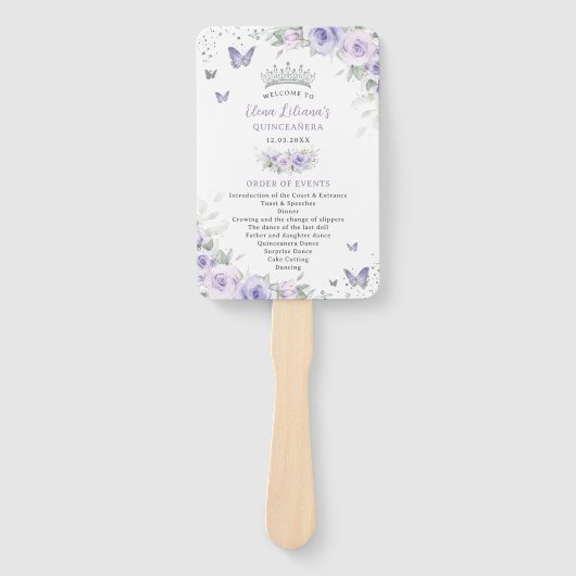 Quinceañera Paarse Lavendel Bloemen Zilver Program Handwaaier (Voorkant)