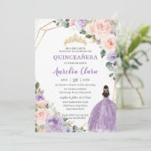 Quinceañera Paarse Lavendel Blush Bloemen Goud Kaart (Staand voorkant)
