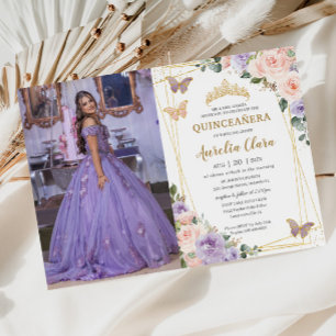 Quinceañera Paarse Lila Blush Bloemenvlinders Kaart