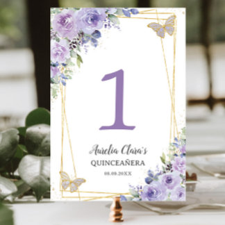 Quinceañera Paarse Lila Floral Gold Butterflies Kaart