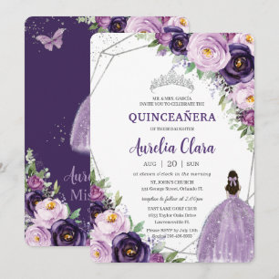 Quinceañera Paarse Lila Plum Floral Silver Dress Kaart
