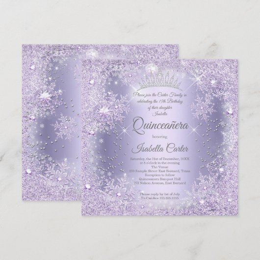 Quinceanera Paarse Lila Snowflake Winter Kaart (Voorkant / Achterkant)
