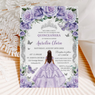 Quinceañera Paarse Rozen Bloemen Zilveren Prinses Kaart