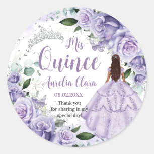 Quinceañera Paarse Rozen Bloemen Zilveren Prinses Ronde Sticker