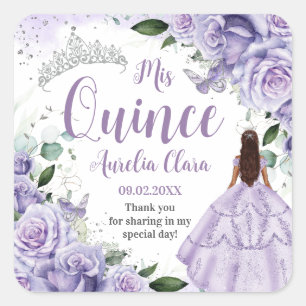 Quinceañera Paarse Rozen Bloemen Zilveren Prinses Vierkante Sticker