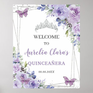 Quinceañera Paarse Sering Bloem Zilveren Vlinders Poster