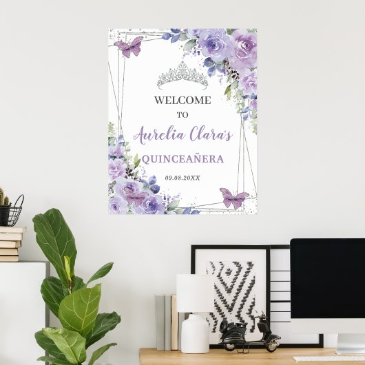 Quinceañera Paarse Sering Bloem Zilveren Vlinders Poster (Thuiskantoor)